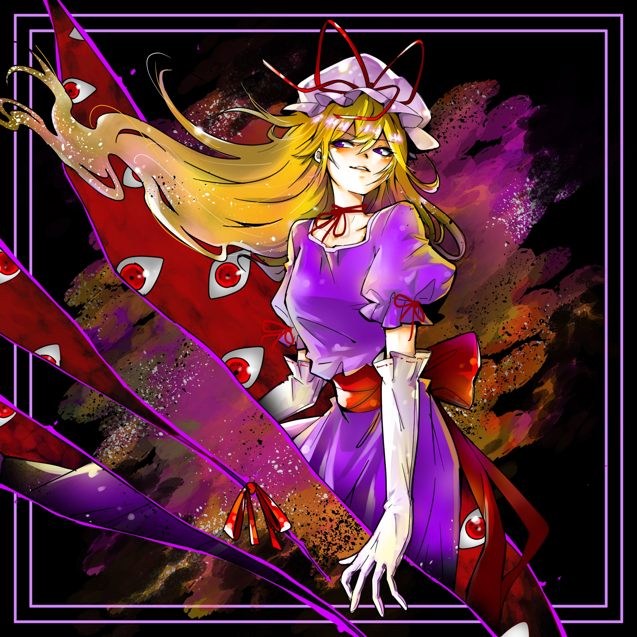 yakumo yukari, touhou, highres, 1girl, blonde hair, dress, elbow gloves, extra eyes, floating hair, gap (touhou), gloves, hat, long hair, mob cap, puffy short sleeves, puffy sleeves, purple dress, purple eyes, short sleeves, smile, solo, white gloves, yuya (euky8335)