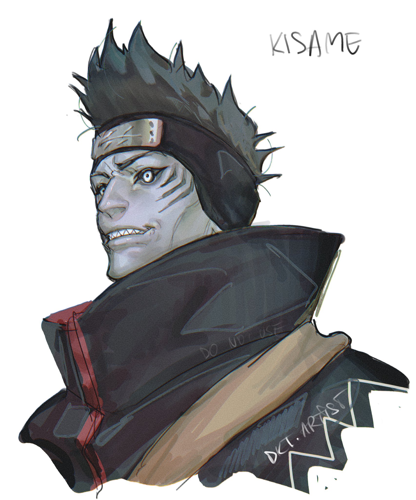 artistdkt, hoshigaki kisame, naruto (series), highres, 1boy, akatsuki uniform, artist name, blue hair, blue skin, character name, closed eyes, colored skin, forehead protector, kirigakure symbol, lips, male focus, nose, sharp teeth, short hair, simple background, solo, teeth, upper body, white background