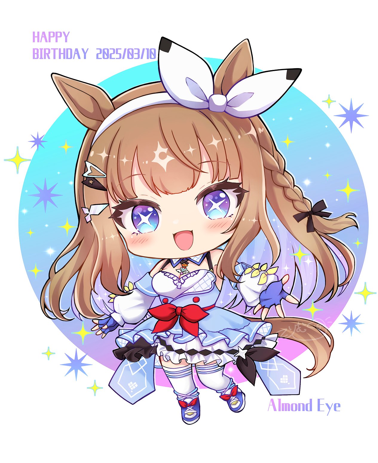 terimuku, almond eye (umamusume), umamusume, commentary request, highres, 1girl, :d, animal ears, blue eyes, blue gloves, blue hair, blue shoes, blush, braid, breasts, brown hair, character name, chibi, cleavage, detached sleeves, dress, fingerless gloves, full body, gloves, hair ribbon, hairband, happy birthday, horse ears, horse girl, horse tail, long hair, long sleeves, looking at viewer, medium breasts, multicolored hair, open mouth, puffy long sleeves, puffy sleeves, purple eyes, ribbon, shoes, sleeves past wrists, smile, solo, tail, thighhighs, two-tone hair, very long hair, white dress, white hairband, white ribbon, white sleeves, white thighhighs