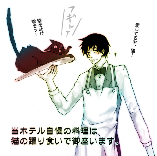 hei (darker than black), mao (darker than black), darker than black, 00s, 1boy, animal, apron, black cat, black hair, bow, bowtie, cat, hissing, male focus, simple background, solo, tray, vest, waiter