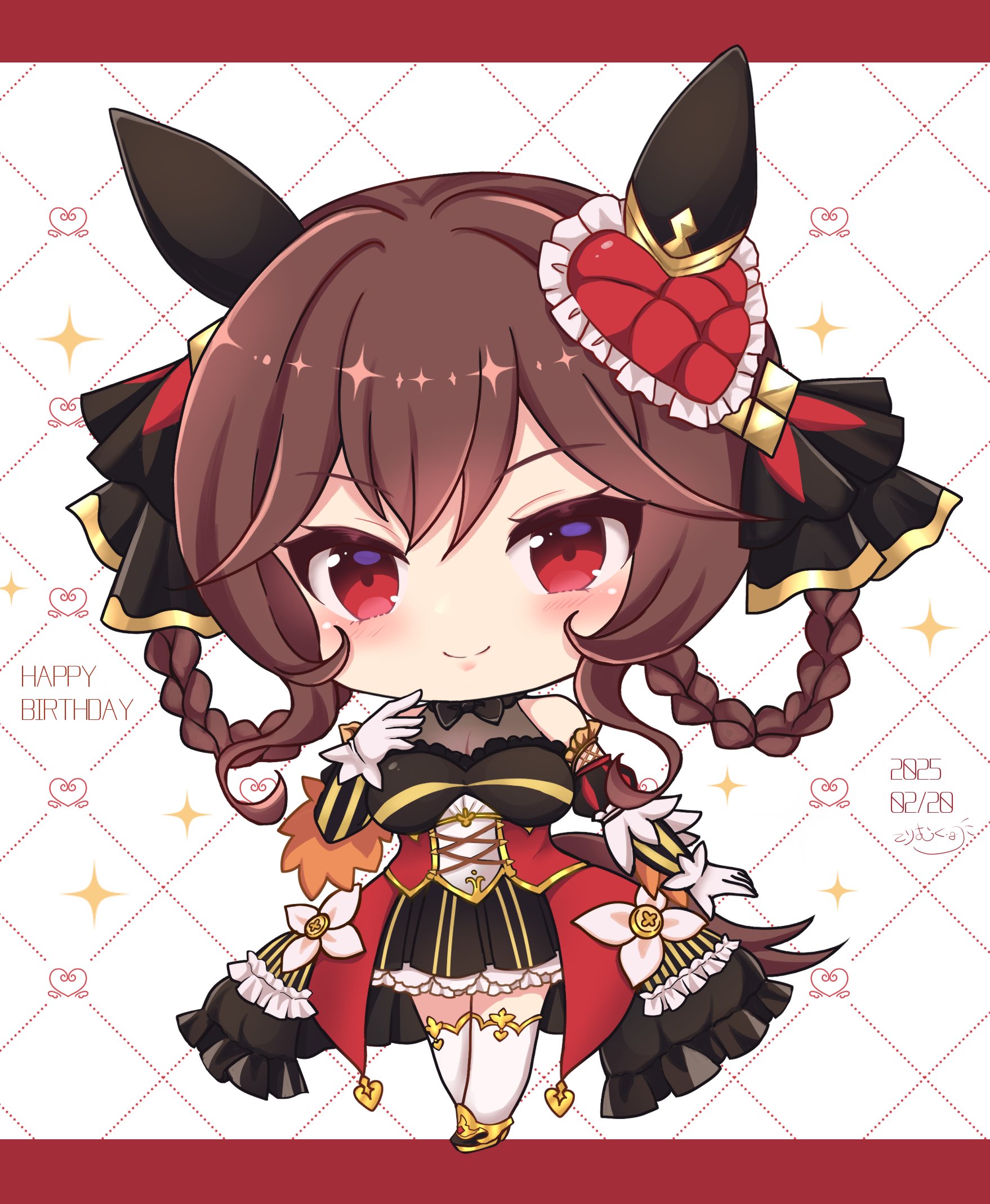 terimuku, gentildonna (umamusume), umamusume, commentary request, highres, 1girl, animal ears, bare shoulders, black shoes, black skirt, black sleeves, blush, braid, breasts, brown hair, chibi, closed mouth, dated, detached sleeves, frilled skirt, frills, full body, gloves, hair between eyes, hair rings, happy birthday, horse ears, horse girl, horse tail, large breasts, long sleeves, puffy short sleeves, puffy sleeves, red eyes, see-through cleavage, see-through clothes, shoes, short sleeves, sidelocks, signature, skirt, smile, solo, tail, twin braids, white background, white gloves