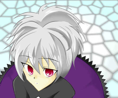 yin (darker than black), darker than black, lowres, 00s, 1girl, dress, female focus, grey hair, long sleeves, ponytail, purple dress, red eyes, solo