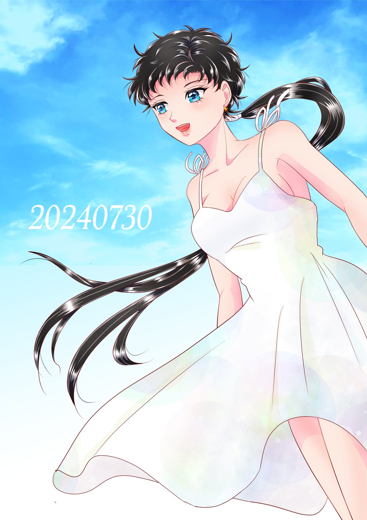 kedamonoko, seiya kou, bishoujo senshi sailor moon, bishoujo senshi sailor moon stars, highres, 1girl, armpits, black hair, blue eyes, breasts, cleavage, dress, earrings, jewelry, long hair, medium breasts, ponytail, solo, star (symbol), star earrings, very long hair, white dress