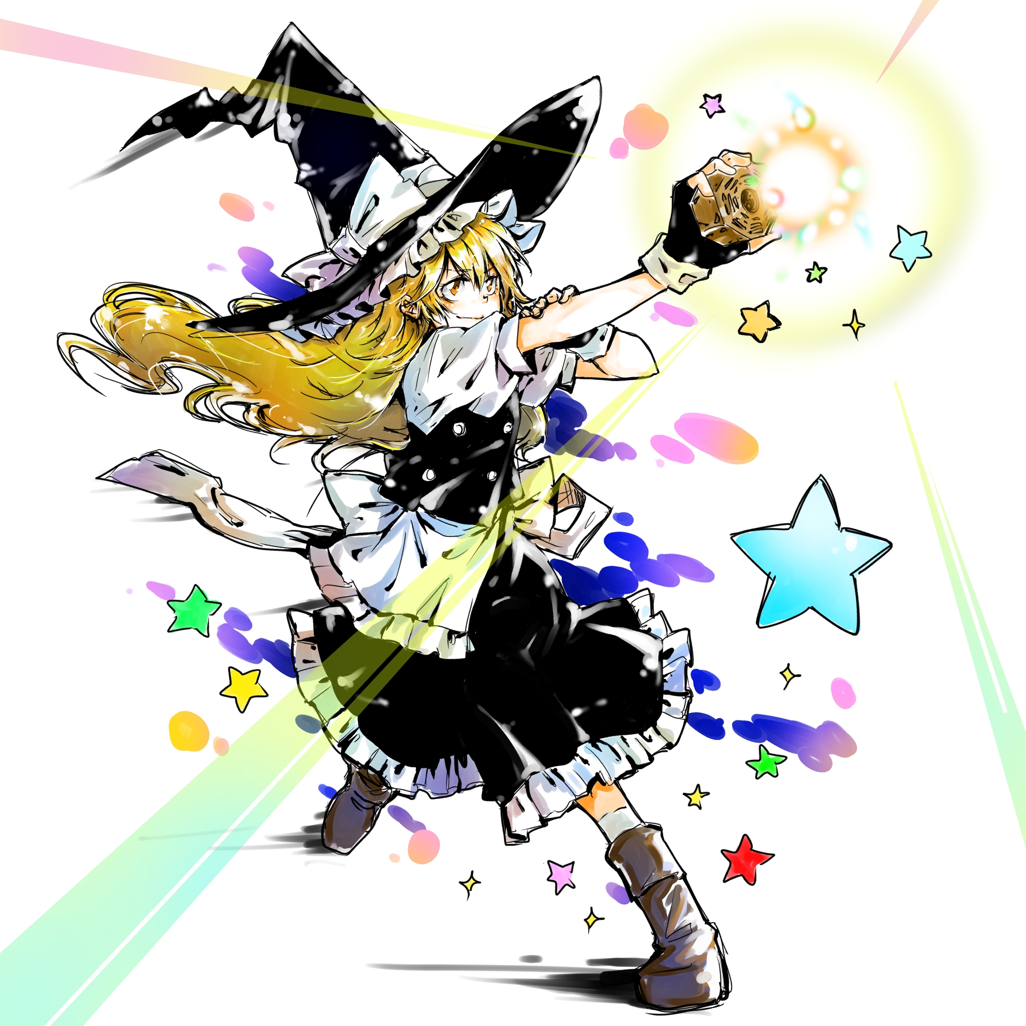 kirisame marisa, touhou, highres, 1girl, black dress, black gloves, black hat, blonde hair, boots, bow, dress, fingerless gloves, gloves, hat, hat bow, holding, holding weapon, long hair, looking up, red eyes, smile, solo, weapon, witch, witch hat, yuya (euky8335)