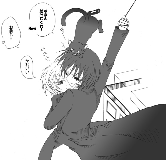 hei (darker than black), mao (darker than black), yin (darker than black), darker than black, 00s, black cat, cat, comic, monochrome, sketch