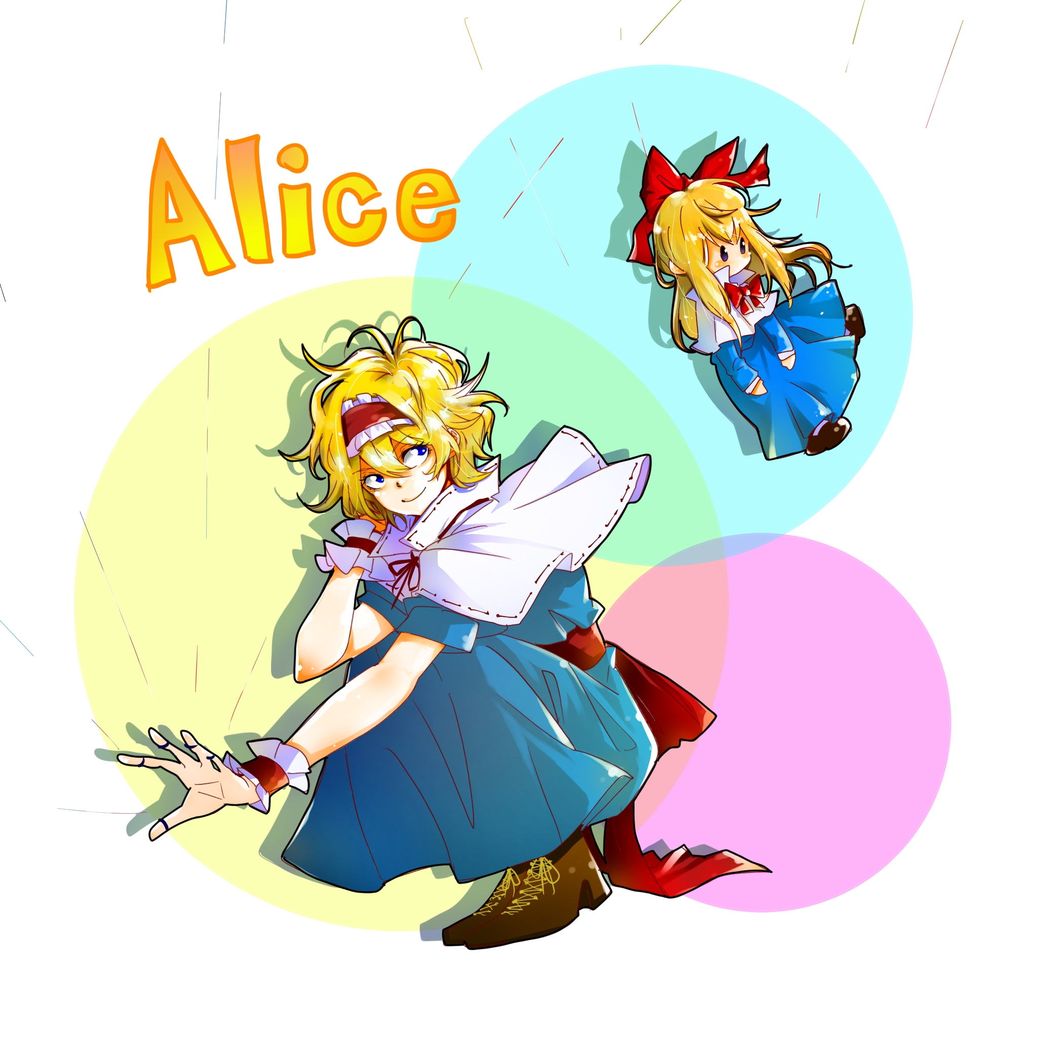 alice margatroid, shanghai doll, touhou, highres, 1girl, blonde hair, blue dress, brown shoes, capelet, character name, doll, dress, hairband, puppet strings, red hairband, shoes, smile, solo, squatting, white capelet, yuya (euky8335)