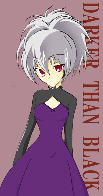 yin (darker than black), darker than black, 00s, 1girl, dress, female focus, grey hair, long sleeves, ponytail, purple dress, red eyes, simple background, solo, standing, text focus