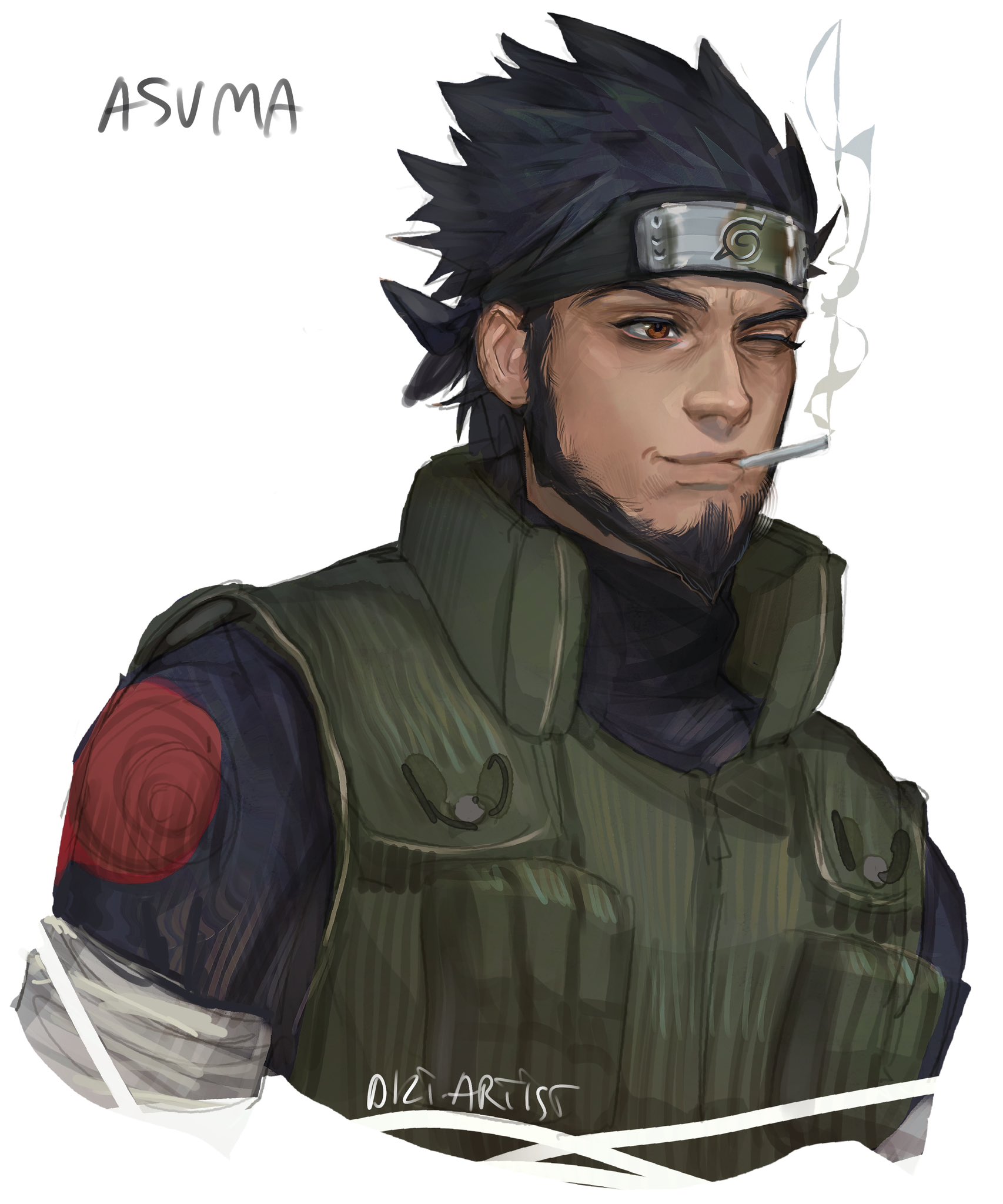 artistdkt, sarutobi asuma, naruto (series), highres, 1boy, artist name, beard, black hair, brown eyes, character name, chinstrap beard, cigarette, facial hair, flak jacket, forehead protector, jacket, konohagakure shinobi uniform, konohagakure symbol, light smile, lips, male focus, mature male, nose, one eye closed, short hair, simple background, smoking, solo, upper body, white background