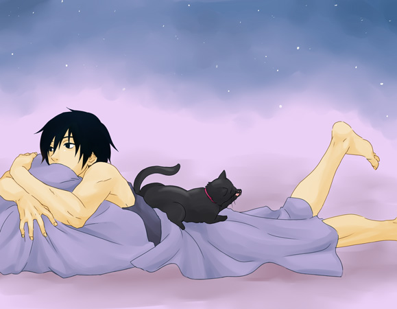 hei (darker than black), mao (darker than black), darker than black, 00s, 1boy, animal, barefoot, bed sheet, black cat, black eyes, black hair, cat, collar, male focus, muscular, night, night sky, sky, solo