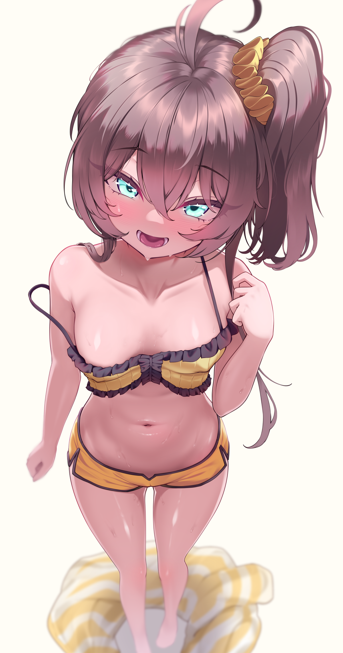 hyeonin gentora, natsuiro matsuri, natsuiro matsuri (matsuri's day off), hololive, highres, 1girl, ahoge, aqua eyes, bare arms, blush, brown hair, camisole, crop top, dolphin shorts, frilled camisole, frills, full body, hair ornament, hair scrunchie, hand up, jacket, looking at viewer, navel, official alternate costume, open mouth, scrunchie, short hair with long locks, short shorts, shorts, side ponytail, simple background, solo, stomach, strap slip, striped clothes, striped jacket, unworn jacket, virtual youtuber, white background, yellow camisole, yellow jacket, yellow shorts