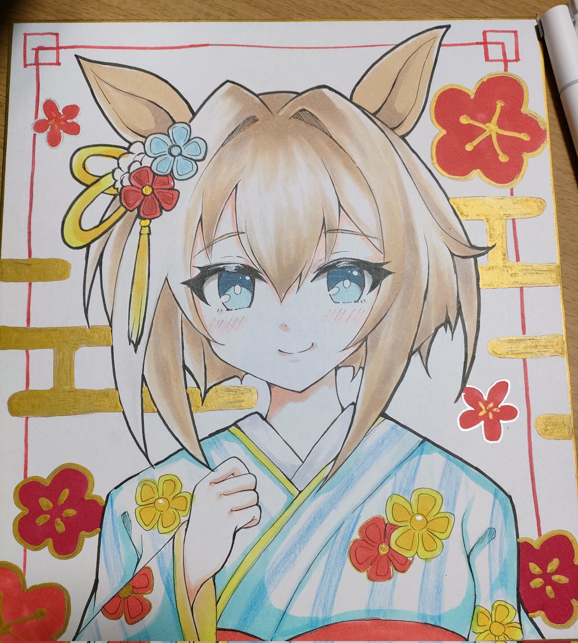 terimuku, cheval grand (umamusume), umamusume, commentary request, highres, photo (medium), traditional media, 1girl, animal ears, blue eyes, blush, brown hair, closed mouth, egasumi, floral print, hair intakes, hand up, horse ears, japanese clothes, kimono, long sleeves, multicolored hair, print kimono, shikishi, smile, solo, streaked hair, striped clothes, striped kimono, upper body, vertical-striped clothes, vertical-striped kimono, white hair, wide sleeves