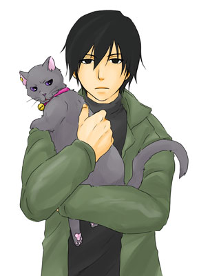 hei (darker than black), mao (darker than black), darker than black, lowres, 00s, 1boy, bell, black cat, black eyes, black hair, black shirt, carrying, cat, collar, green jacket, jacket, male focus, shirt, simple background, solo, white background