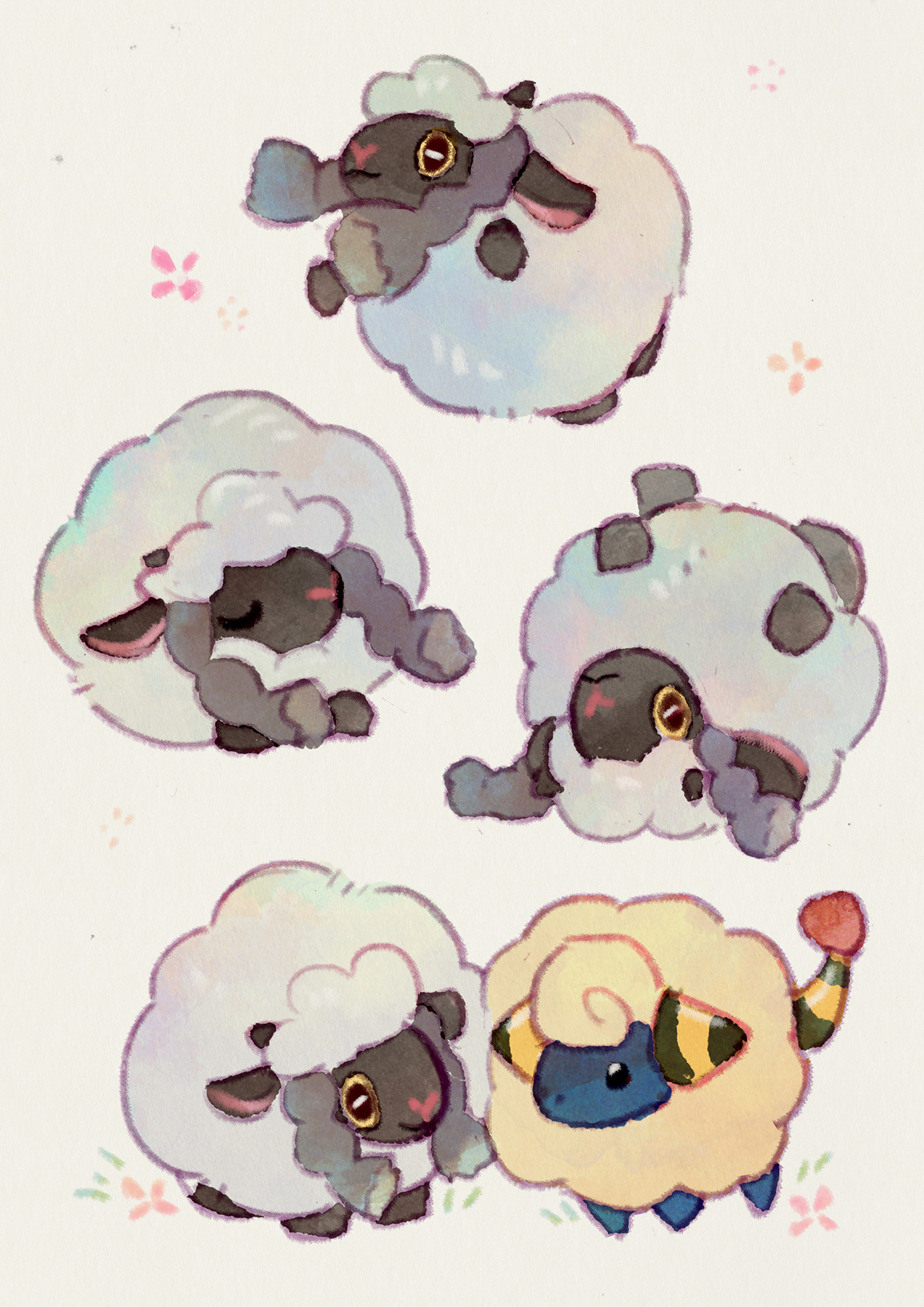 botjira, mareep, wooloo, nintendo, pokemon, commentary request, highres, animal focus, black eyes, closed mouth, flower, gen 2 pokemon, gen 8 pokemon, grass, no humans, pokemon (creature), pokemon focus, sheep, simple background, smile, white background
