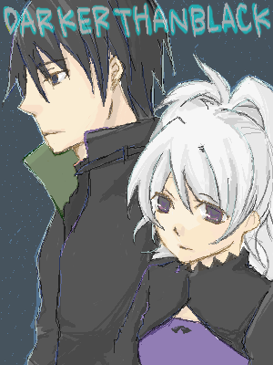 hei (darker than black), yin (darker than black), darker than black, lowres, 00s, 1boy, 1girl, black hair, black jacket, dress, grey hair, jacket, long sleeves, ponytail, purple dress, text focus