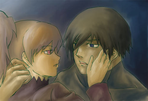 hei (darker than black), yin (darker than black), darker than black, lowres, 00s, 1boy, 1girl, black hair, long sleeves, maroon eyes, ponytail