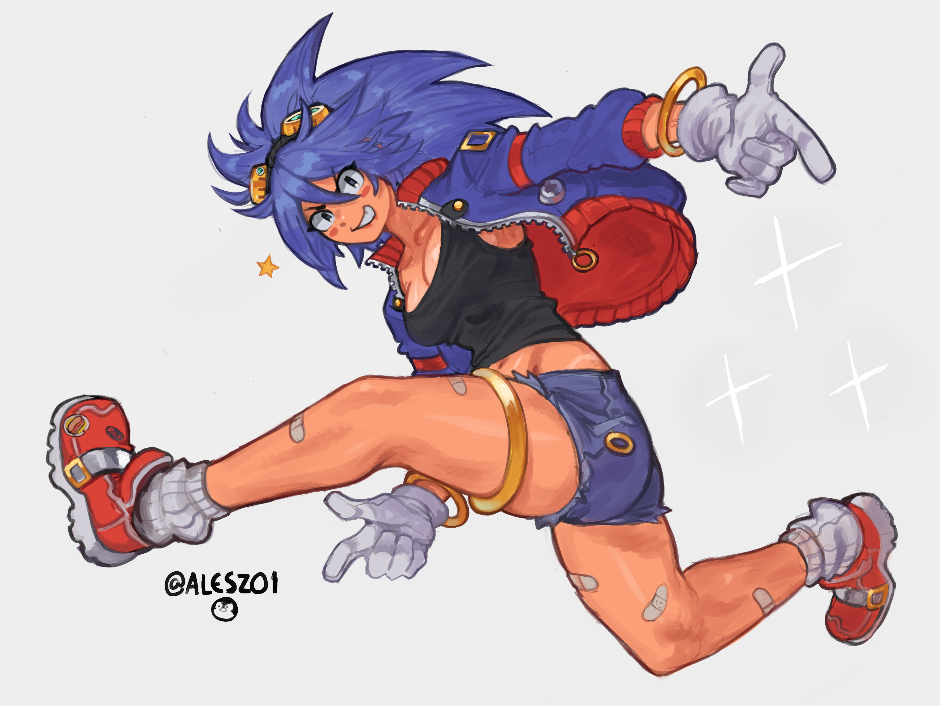 gabriel ales, sonic the hedgehog, sonic (series), sonic adventure, commentary, english commentary, highres, 1girl, bandaid, bandaid on leg, bandaid on thigh, black shirt, blue hair, blue jacket, blue shorts, blush, blush stickers, bracelet, breasts, cleavage, denim, denim shorts, eyelashes, full body, genderswap, genderswap (mtf), gloves, goggles, goggles on head, gold bracelet, grey background, grin, humanization, jacket, jewelry, long hair, open clothes, open jacket, red shoes, shirt, shoes, short shorts, shorts, simple background, smile, socks, solo, sonic adventure pose, star (symbol), teeth, tomboy, twitter username, v-shaped eyebrows, white gloves, white socks