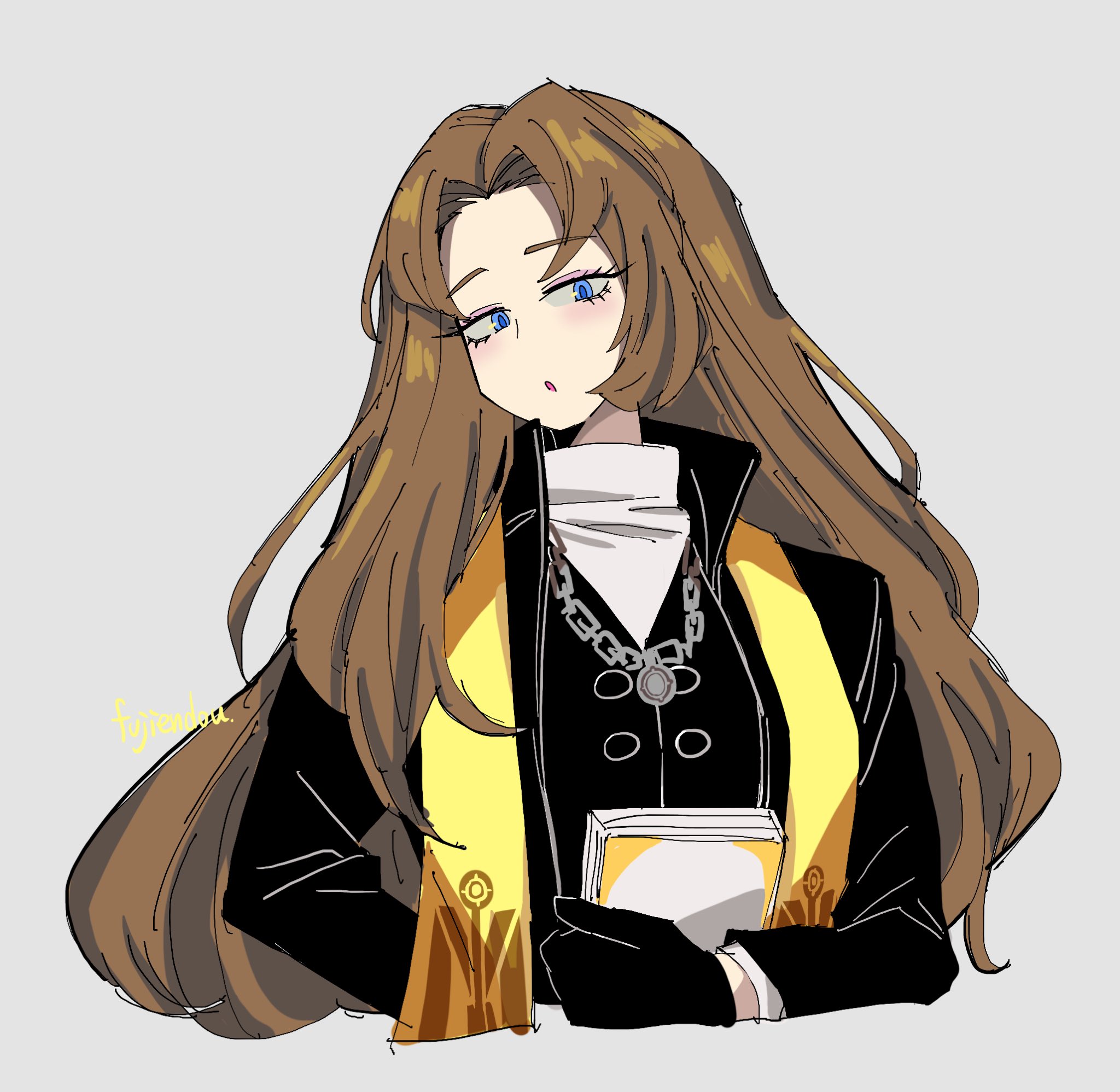 fujiendou, rodion (project moon), limbus company, project moon, highres, 1girl, :o, black coat, black gloves, black vest, blue eyes, book, brown hair, coat, dieci association south uniform, gloves, grey background, holding, holding book, long hair, long sleeves, looking at viewer, parted bangs, shirt, simple background, solo, upper body, vest, white shirt, yellow stole