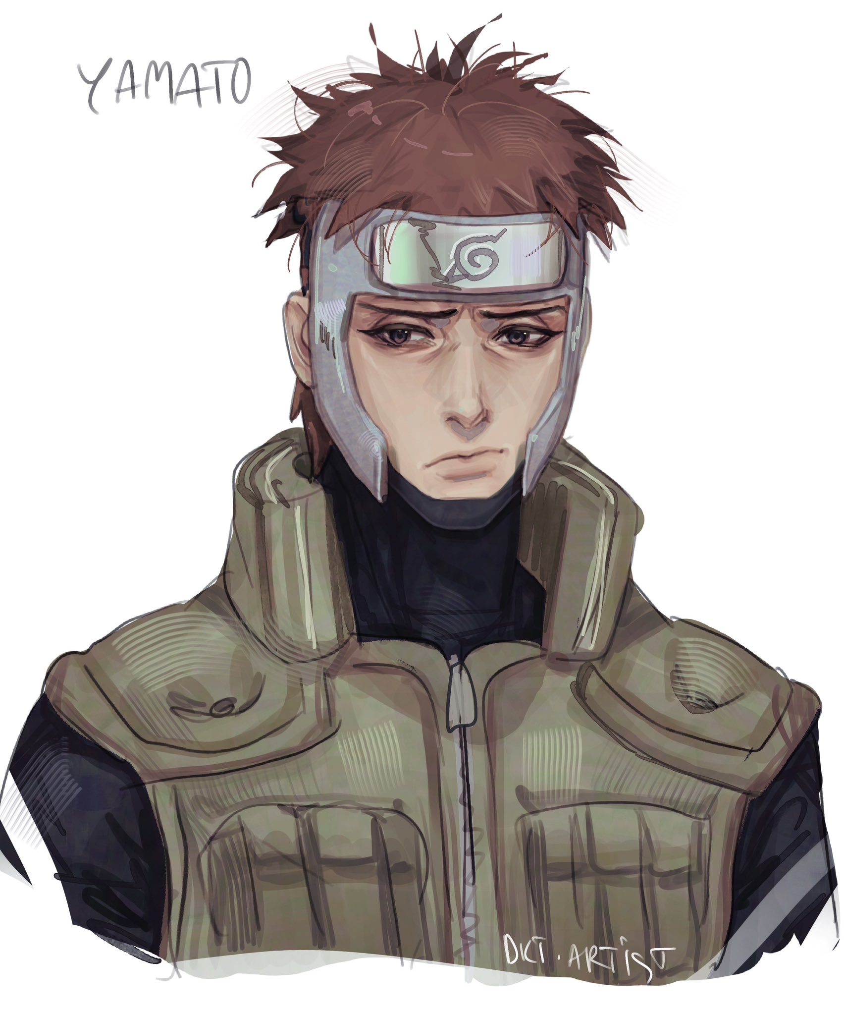 artistdkt, yamato (naruto), naruto (series), highres, 1boy, artist name, brown eyes, brown hair, character name, closed mouth, flak jacket, forehead protector, green jacket, jacket, konohagakure shinobi uniform, konohagakure symbol, lips, looking at viewer, male focus, nose, short hair, solo, upper body