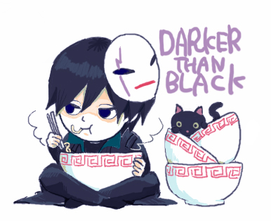 hei (darker than black), mao (darker than black), darker than black, lowres, 00s, 1boy, black cat, black eyes, black hair, black jacket, black pants, bowl, cat, chibi, chopsticks, eating, food, indian style, jacket, male focus, mask, noodles, pants, simple background, sitting, solo, steam, text focus, white background