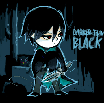 hei (darker than black), mao (darker than black), darker than black, lowres, 00s, 1boy, bell, belt, black cat, black gloves, black hair, black jacket, black pants, cat, chibi, collar, gloves, jacket, knife, male focus, pants, red eyes, solo, standing, text focus, weapon, wire