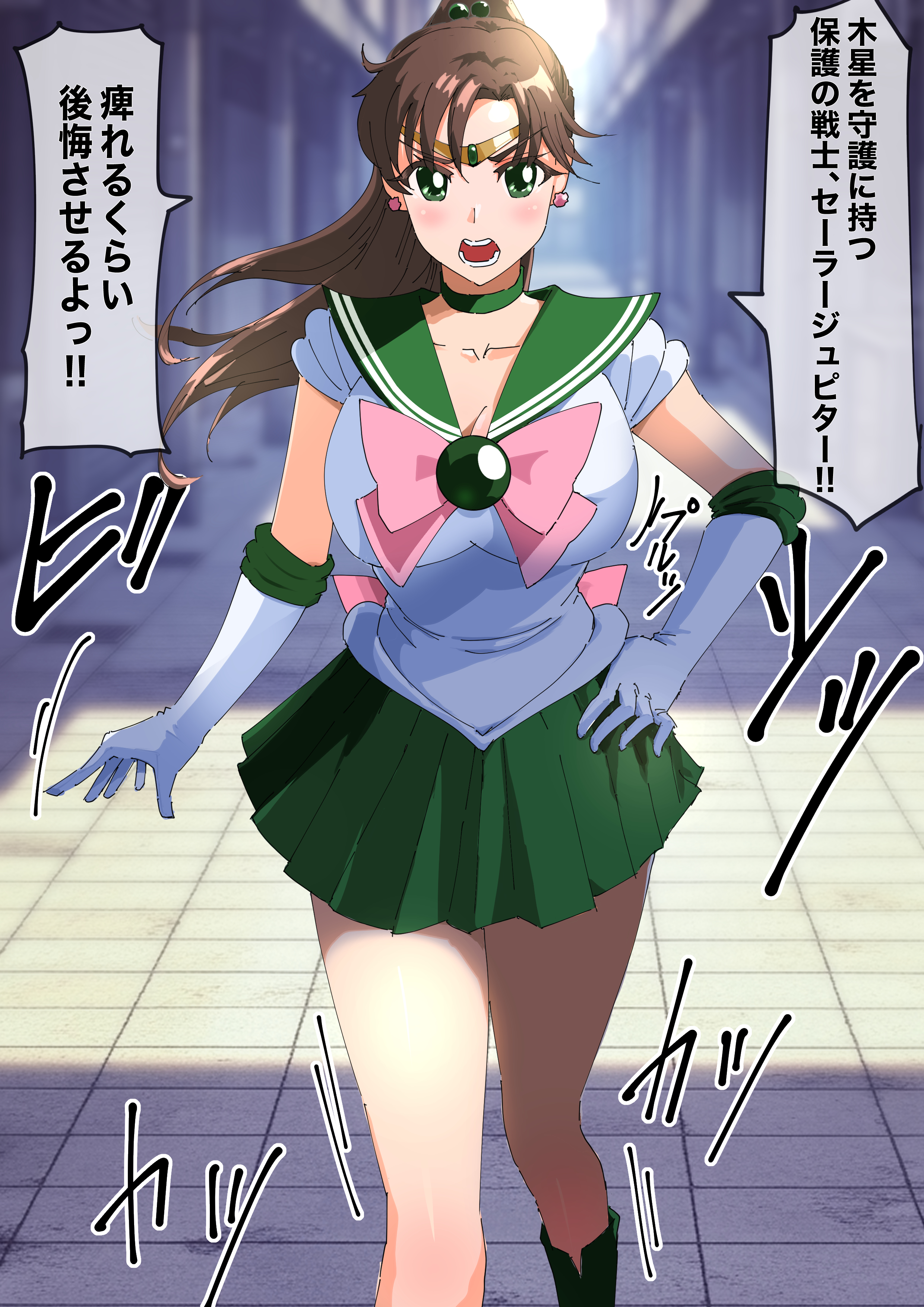 annindouf, kino makoto, sailor jupiter, bishoujo senshi sailor moon, absurdres, highres, 1girl, angry, back bow, boots, bow, bowtie, breasts, brown hair, choker, cleavage, collarbone, earrings, elbow gloves, flower earrings, gloves, green choker, green eyes, green sailor collar, green skirt, hair bobbles, hair ornament, jewelry, long hair, looking at viewer, pink bow, pink bowtie, ponytail, sailor collar, skirt, solo, v-shaped eyebrows, white gloves