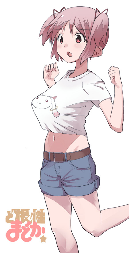 chiyama (koromonn), kaname madoka, kyubey, dokonjou gaeru, mahou shoujo madoka magica, 1girl, :o, hands up, midriff, navel, pink hair, shirt, short hair, short shorts, short twintails, shorts, sidelocks, standing, twintails, white background, white shirt