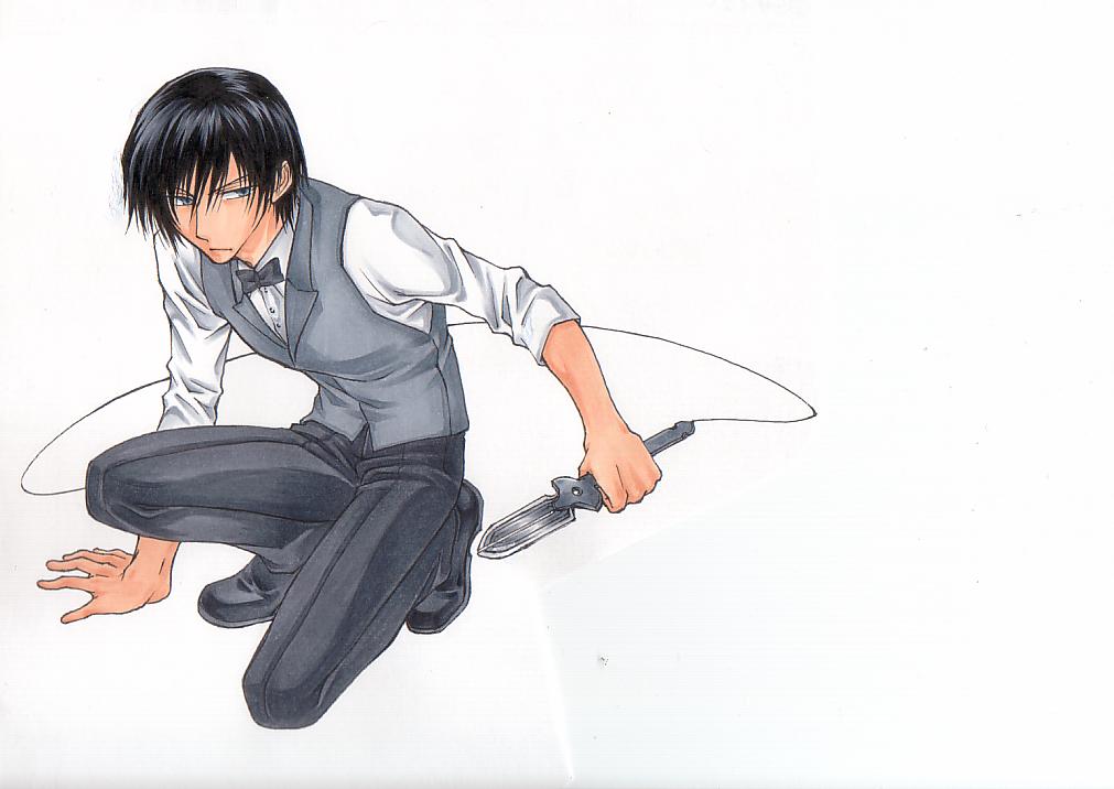 hei (darker than black), darker than black, traditional media, 00s, 1boy, alternate costume, black hair, blue eyes, bow, bowtie, full body, knife, male focus, shirt, simple background, solo, squatting, vest, waistcoat, weapon, white background, white shirt, wire