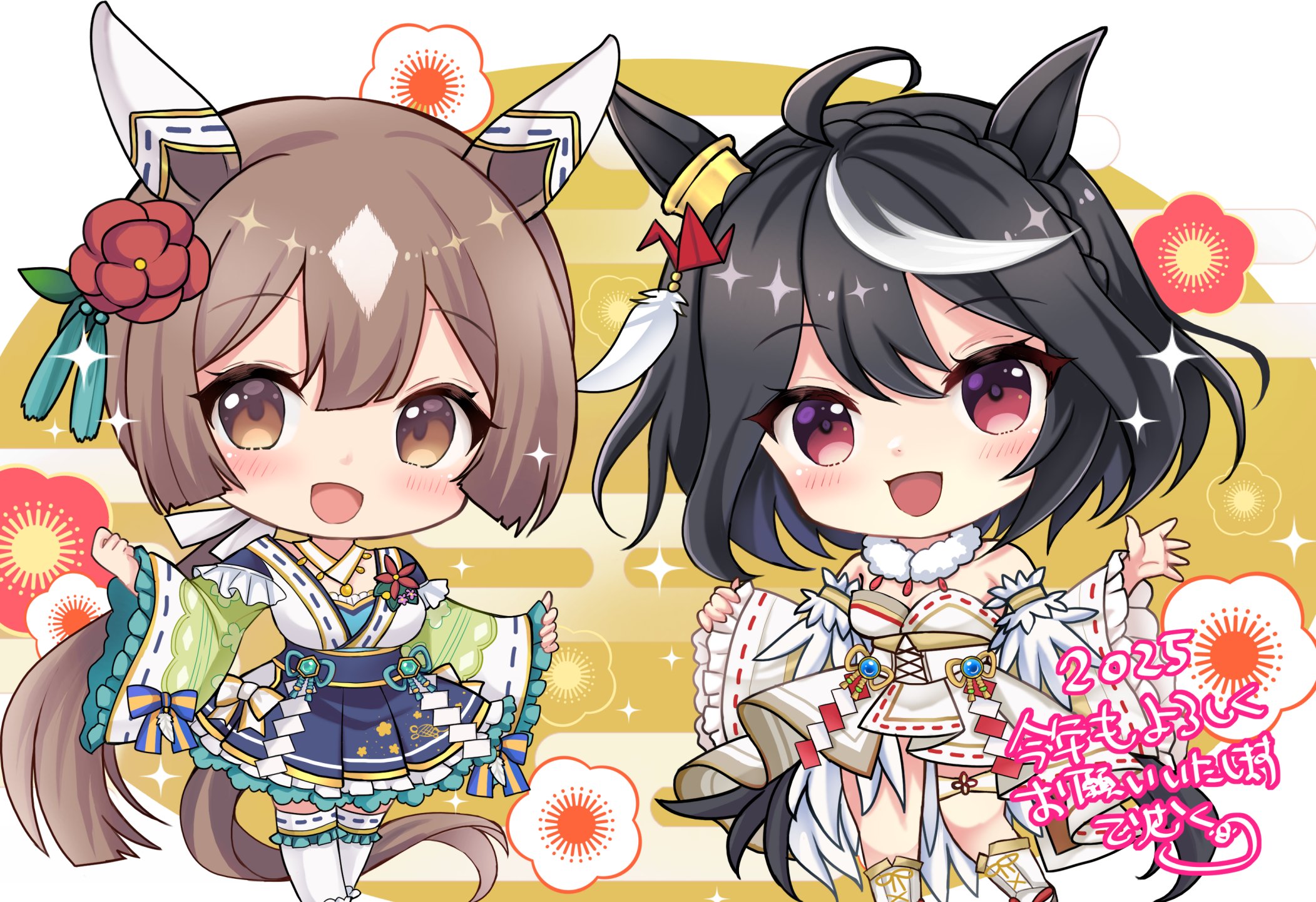 terimuku, kitasan black (umamusume), satono diamond (umamusume), umamusume, commentary request, highres, translation request, 2025, 2girls, :d, ahoge, animal ears, bare shoulders, black hair, boots, braid, breasts, brown background, brown eyes, brown hair, chibi, cleavage, crown braid, egasumi, feet out of frame, floral background, frilled sleeves, frills, fur collar, hair between eyes, horse ears, horse girl, horse tail, long sleeves, looking at viewer, medium breasts, multicolored hair, multiple girls, open mouth, pinching sleeves, red eyes, ribbon-trimmed sleeves, ribbon trim, sleeves past wrists, smile, standing, streaked hair, tail, thighhighs, white background, white boots, white hair, white thighhighs, wide sleeves