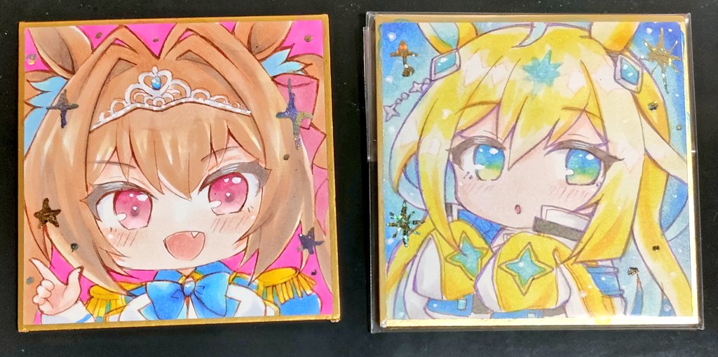 terimuku, daiwa scarlet (umamusume), neo universe (umamusume), umamusume, commentary request, photo (medium), traditional media, 2girls, :d, ahoge, animal ears, blonde hair, blue bow, blue eyes, blue hair, blue jacket, blush, bow, breasts, brown hair, chibi, epaulettes, fang, hair intakes, hand up, hands up, horse ears, index finger raised, jacket, juliet sleeves, large breasts, long sleeves, looking at viewer, multicolored hair, multiple girls, open mouth, parted lips, pink eyes, puffy long sleeves, puffy sleeves, shikishi, sleeves past fingers, sleeves past wrists, smile, star (symbol), tiara, twintails, two-tone hair, upper body, white jacket