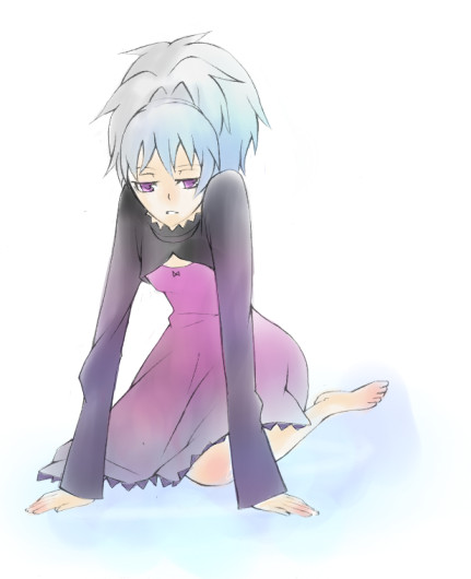 yin (darker than black), darker than black, 00s, 1girl, barefoot, dress, female focus, grey hair, kneeling, long sleeves, ponytail, purple dress, purple eyes, solo