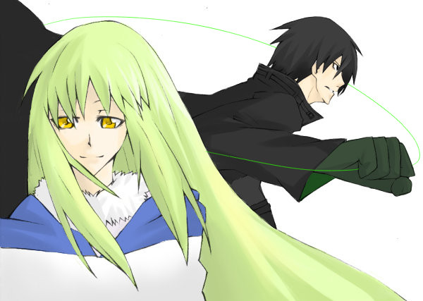 amber (darker than black), hei (darker than black), darker than black, 00s, 1boy, 1girl, black gloves, black hair, black jacket, gloves, green hair, jacket, orange eyes, wire