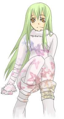 amber (darker than black), darker than black, lowres, 00s, 1girl, bodysuit, female focus, fur trim, green hair, orange eyes, simple background, sitting, solo, white background