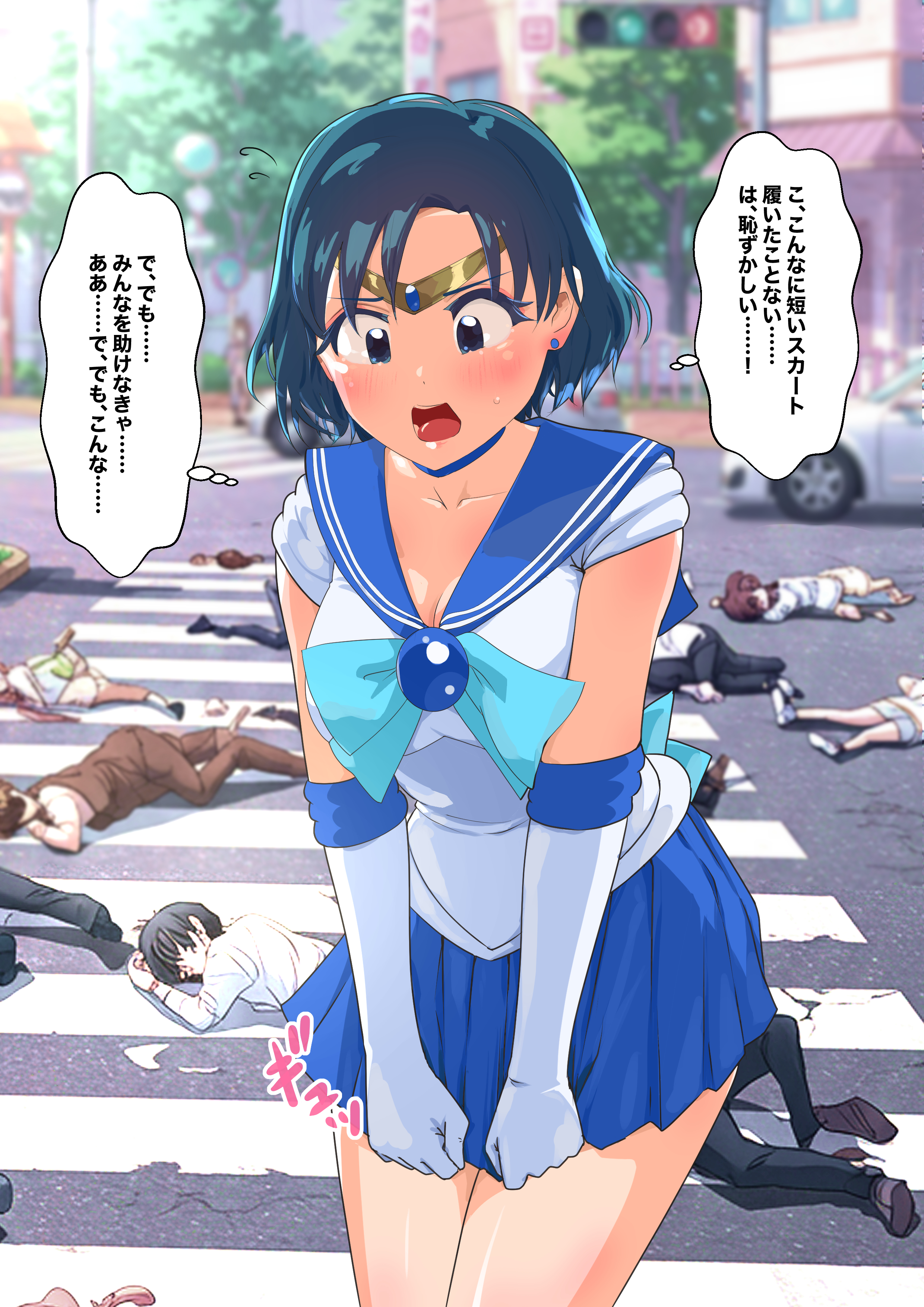 annindouf, mizuno ami, sailor mercury, bishoujo senshi sailor moon, absurdres, highres, translation request, 1girl, ai-generated background, blue choker, blue eyes, blue hair, blue sailor collar, bow, breasts, choker, cleavage, elbow gloves, gloves, jewelry, large breasts, miniskirt, sailor collar, short hair, skirt, speech bubble, white gloves