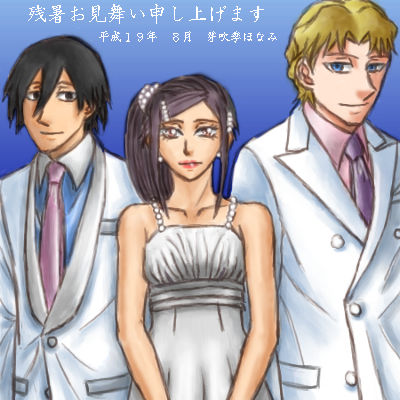 hei (darker than black), november 11 (darker than black), darker than black, character request, lowres, 00s, 1girl, 2boys, black hair, blonde hair, blue eyes, dress, formal clothes, multiple boys, necktie, ponytail, suit, white dress, white suit