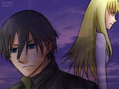 amber (darker than black), hei (darker than black), darker than black, lowres, 00s, 1boy, 1girl, black hair, black jacket, blonde hair, jacket, night, night sky, orange eyes, sky