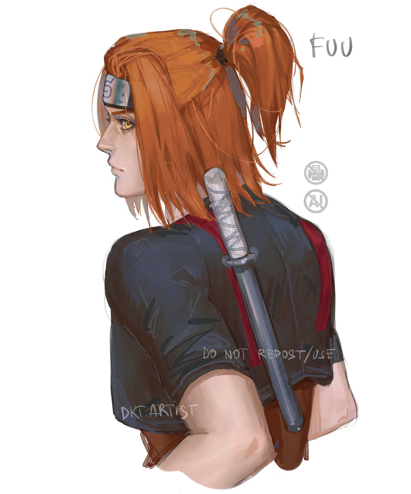 artistdkt, yamanaka fuu, naruto (series), naruto shippuuden, highres, 1boy, artist name, character name, high ponytail, lips, male focus, medium hair, nose, orange hair, ponytail, simple background, solo, weapon, weapon on back, white background, yellow eyes