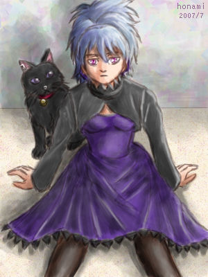 mao (darker than black), yin (darker than black), darker than black, lowres, 00s, 1girl, animal, bell, black cat, cat, collar, dated, dress, female focus, grey hair, long sleeves, ponytail, purple dress, purple eyes, sitting