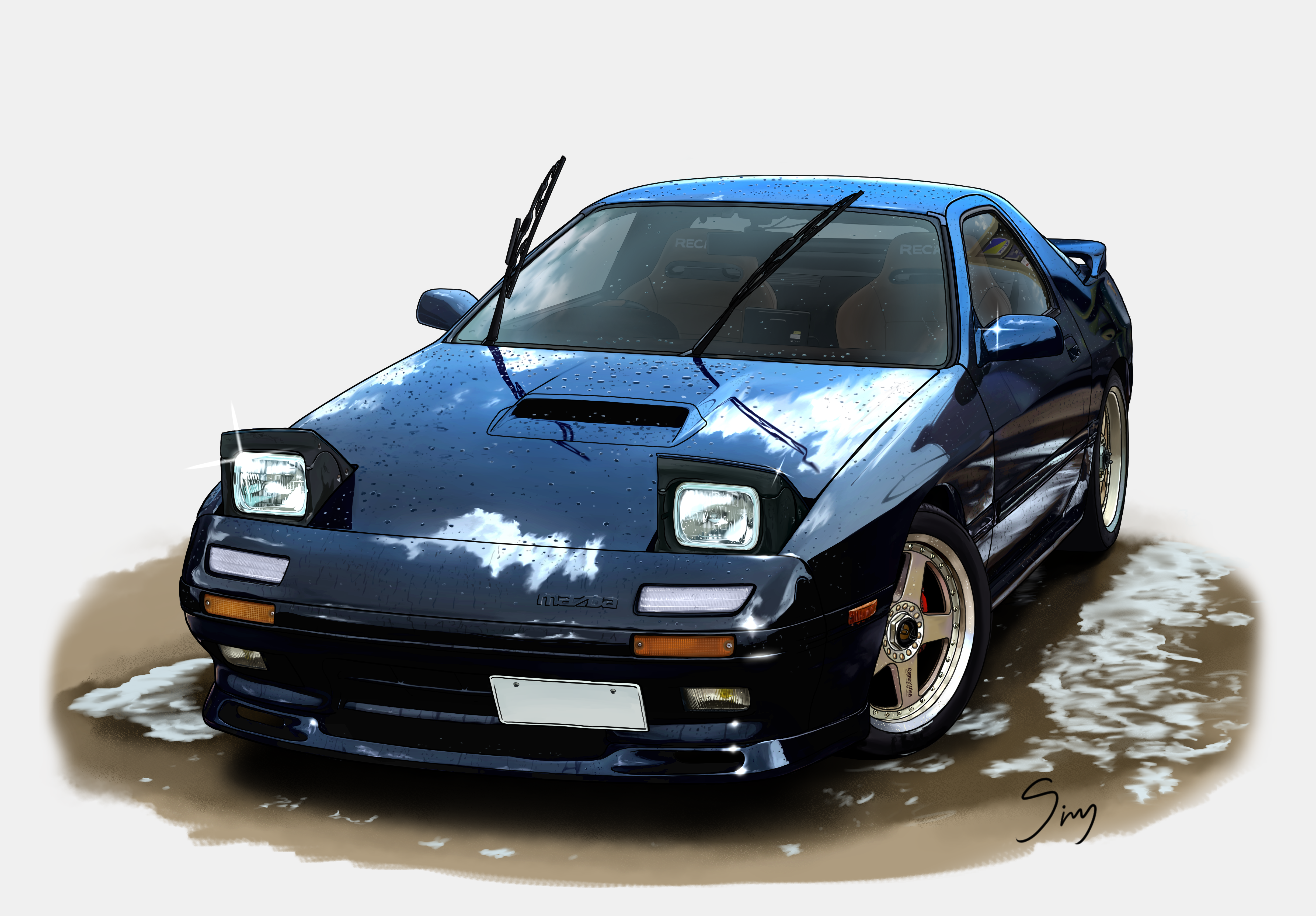 hikari00121, mazda, original, absurdres, commentary request, highres, black car, car, mazda rx-7, motor vehicle, no humans, pop-up headlights, spoiler (automobile), sports car, vehicle focus, white background