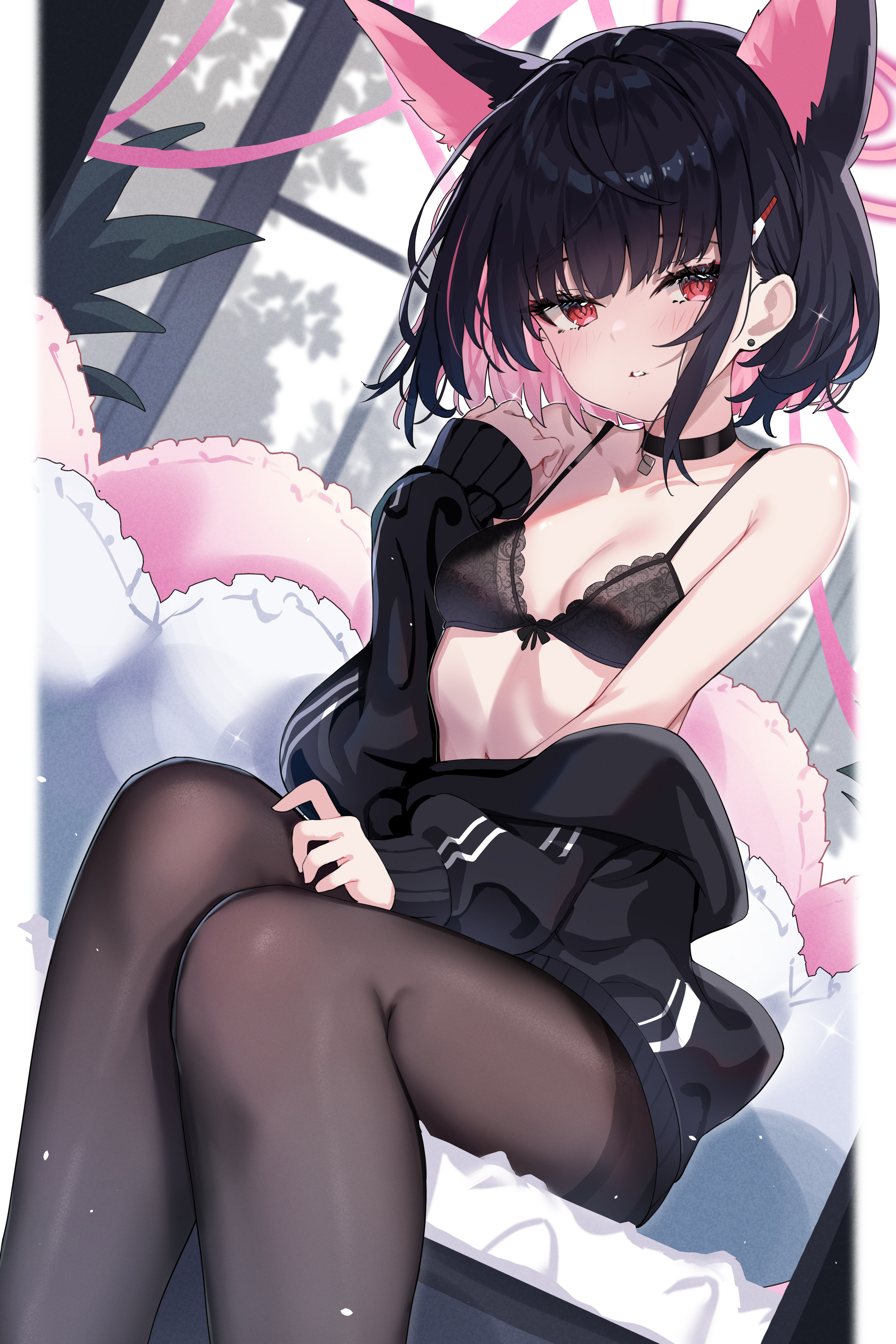 pu ht, kazusa (blue archive), blue archive, absurdres, commentary request, highres, 1girl, animal ears, black bra, black jacket, black pantyhose, blush, bra, breasts, cat ears, cat girl, cleavage, extra ears, jacket, looking at viewer, pantyhose, short hair, sitting, small breasts, solo, underwear