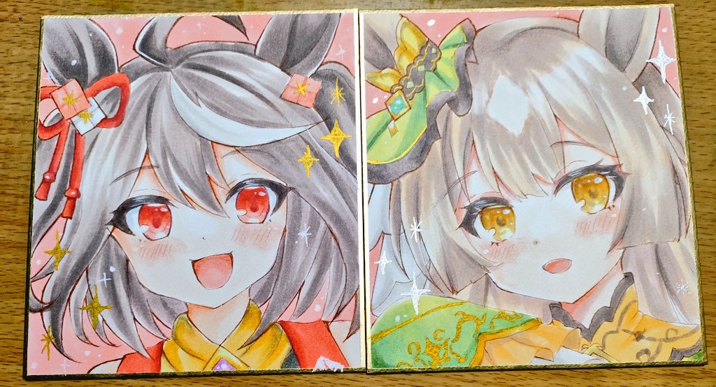 terimuku, kitasan black (umamusume), satono diamond (umamusume), umamusume, commentary request, photo (medium), traditional media, 2girls, :d, animal ears, black hair, blush, brown eyes, brown hair, frilled sleeves, frills, horse ears, long sleeves, looking at viewer, multicolored hair, multiple girls, open mouth, red eyes, shikishi, sleeves past fingers, sleeves past wrists, smile, sparkle, streaked hair, two side up, upper body, white hair
