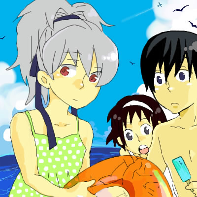 hei (darker than black), yin (darker than black), darker than black, character request, lowres, 00s, 1boy, 2girls, bird, black hair, blue sky, brown hair, cloud, food, grey hair, hairband, innertube, multiple girls, ocean, outdoors, polka dot, ponytail, popsicle, sky, swim ring, swimsuit