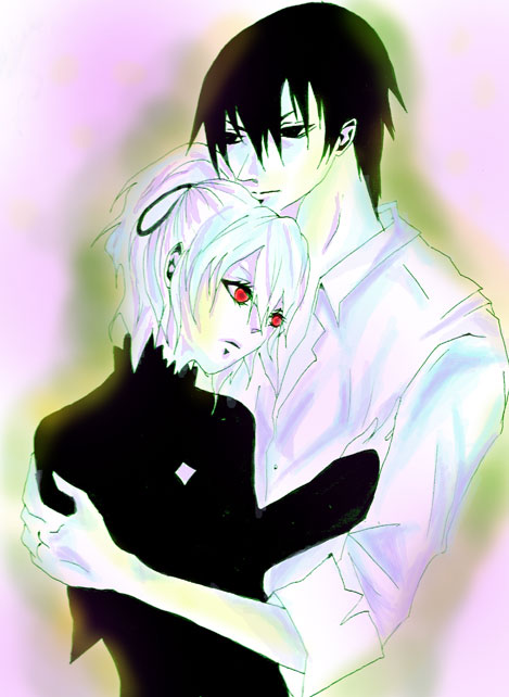 hei (darker than black), yin (darker than black), darker than black, 00s, 1boy, 1girl, black hair, gradient background, hetero, hug, long sleeves, ponytail, red eyes, shirt, white hair, white shirt