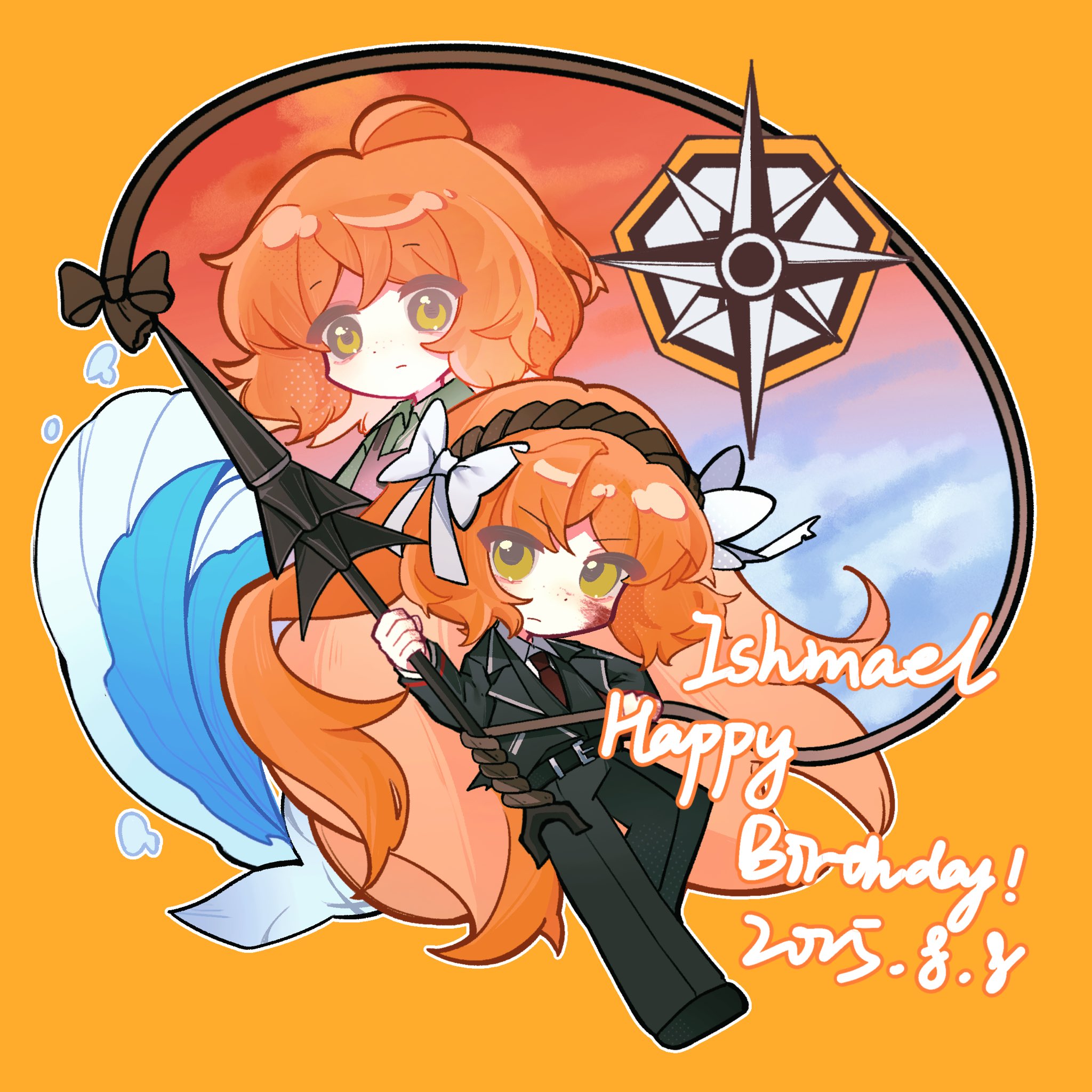 miliniboxx, ishmael (project moon), ishmael (the pequod) (project moon), limbus company, project moon, highres, 1girl, black coat, black pants, black shoes, black vest, bow, brown hairband, chibi, coat, collared shirt, dated, freckles, full body, green eyes, green shirt, hair bow, hairband, happy birthday, holding harpoon, long hair, long sleeves, looking at viewer, necktie, orange hair, pants, red necktie, shirt, shoes, simple background, solo, standing, vest, white bow, white shirt, yellow background