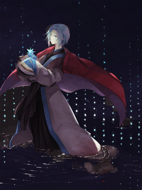 wane (ruki), soul linker (ragnarok online), ragnarok online, commentary request, 1boy, black hanbok, blue eyes, blue hair, closed mouth, coat, cowboy shot, expressionless, hanbok, korean clothes, long sleeves, male focus, purple coat, ripples, short hair, solo, water