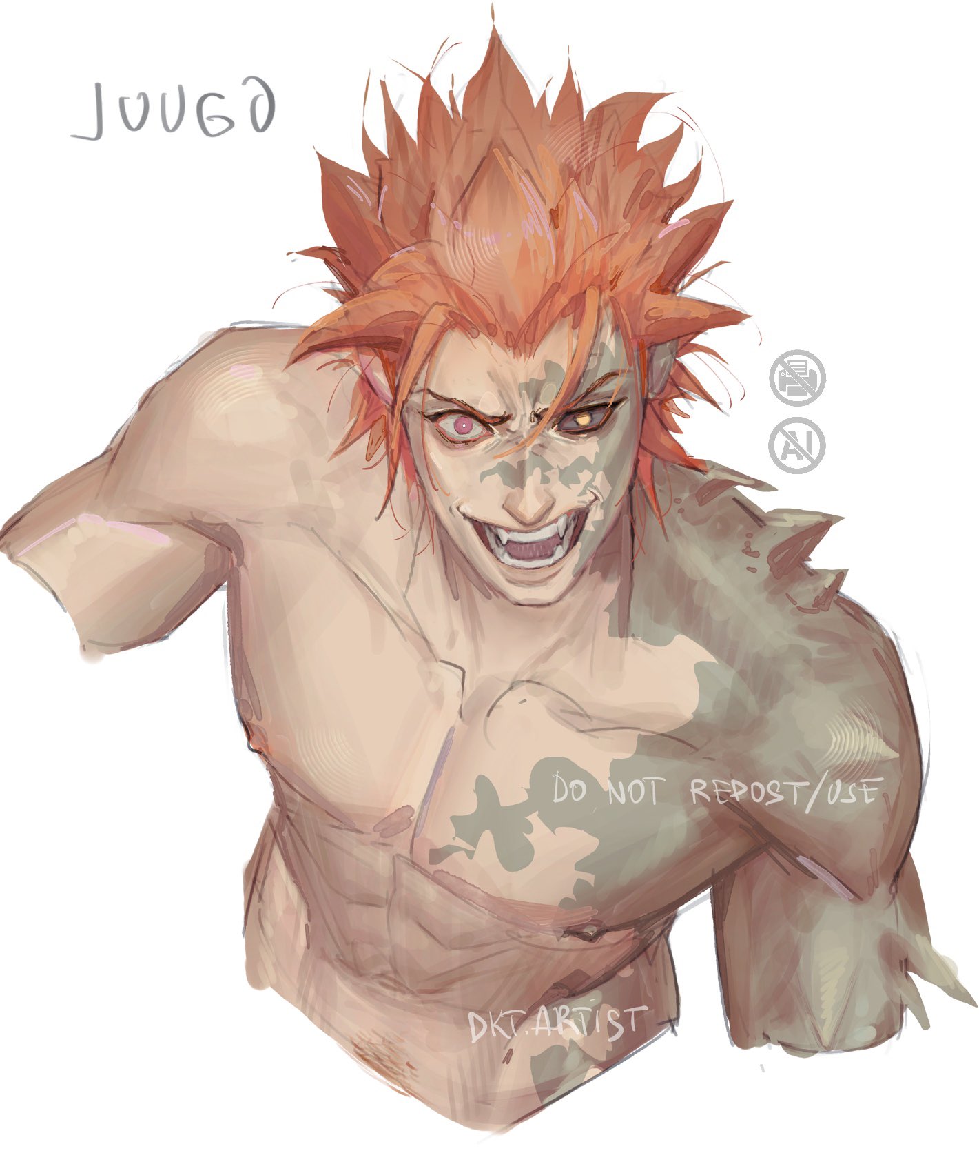 artistdkt, juugo (naruto), naruto (series), naruto shippuuden, highres, artist name, black sclera, character name, collarbone, colored sclera, cropped torso, fangs, from above, heterochromia, looking at viewer, male focus, nipples, orange hair, pectorals, pink eyes, short hair, spiked hair, teeth, toned, upper body, yellow eyes