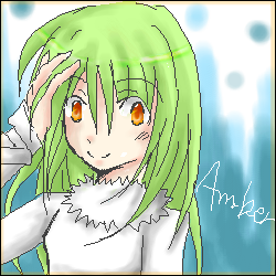amber (darker than black), darker than black, lowres, 00s, 1girl, character name, female focus, green hair, orange eyes, solo, text focus