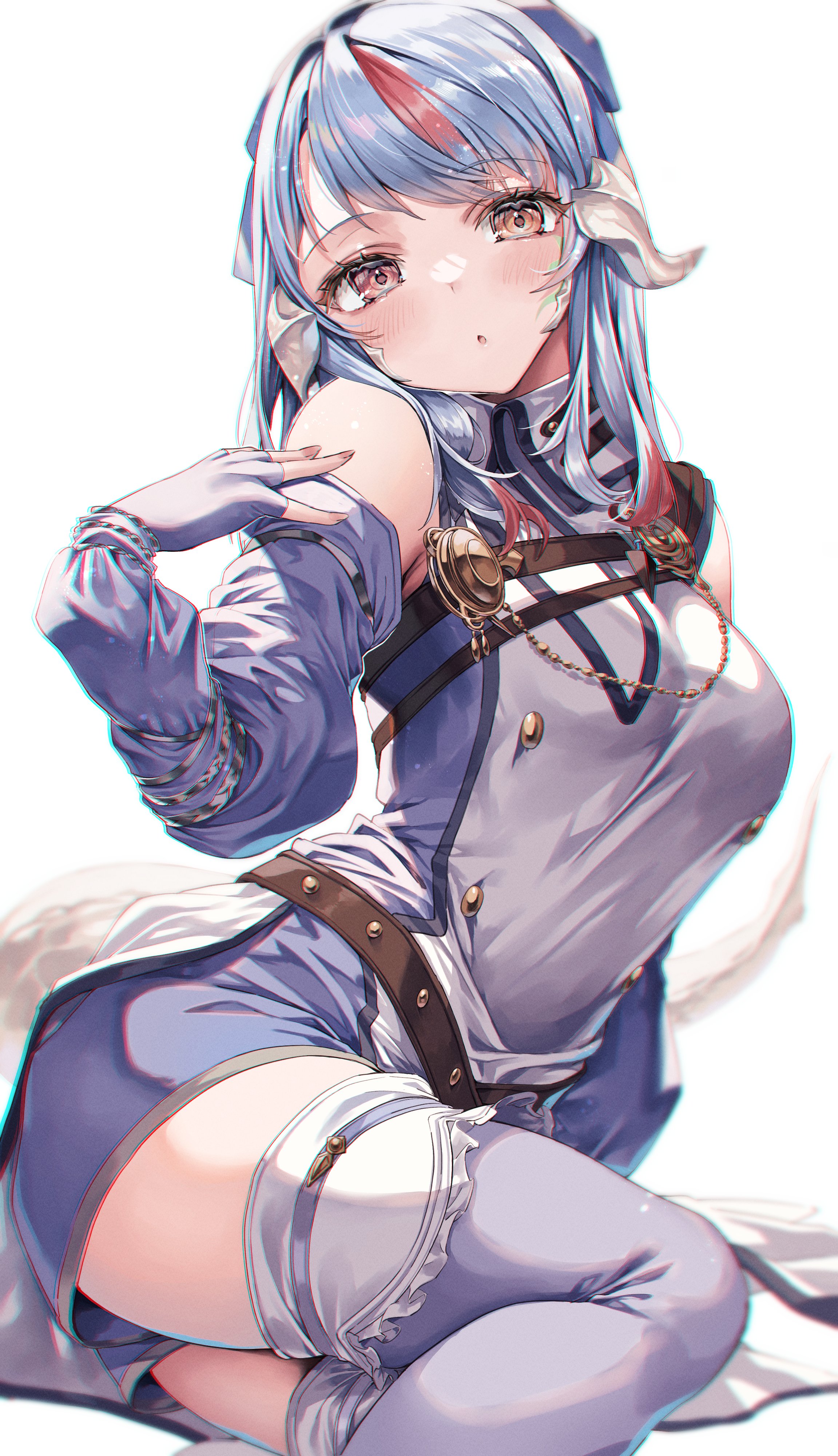 hime gyo, warrior of light (ff14), final fantasy, final fantasy xiv, absurdres, highres, 1girl, au ra, blue coat, blue hair, blue shorts, blue thighhighs, bow, breasts, coat, detached sleeves, dragon girl, dragon horns, dragon tail, fingerless gloves, gloves, hair bow, horns, looking at viewer, lying, multicolored hair, on side, orange eyes, red hair, scales, shorts, simple background, sleeveless, sleeveless coat, solo, streaked hair, tail, thighhighs, white background