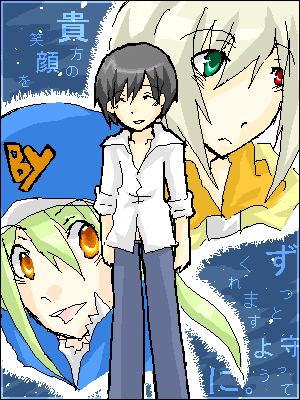 amber (darker than black), hei (darker than black), maki (darker than black), darker than black, lowres, 00s, 1girl, 2boys, baseball cap, black hair, blonde hair, green hair, hat, heterochromia, hood, hoodie, multiple boys, orange eyes, shirt, smile, white shirt