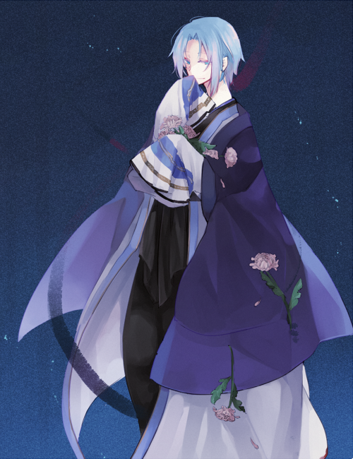 wane (ruki), soul linker (ragnarok online), ragnarok online, commentary request, 1boy, black pants, blue background, blue eyes, blue hair, closed mouth, coat, cowboy shot, flower, looking at viewer, male focus, open clothes, open coat, pants, parted bangs, pink flower, purple coat, short hair, sleeves past fingers, sleeves past wrists, smile, solo