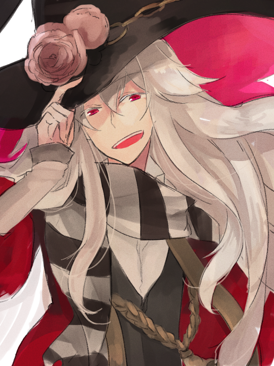 wane (ruki), minstrel (ragnarok online), ragnarok online, commentary request, 1boy, black hat, black vest, coat, flower, grey hair, hand on headwear, hat, long hair, looking at viewer, male focus, open clothes, open coat, open mouth, pink flower, red coat, red eyes, shirt, smile, solo, upper body, vest, white shirt, witch hat